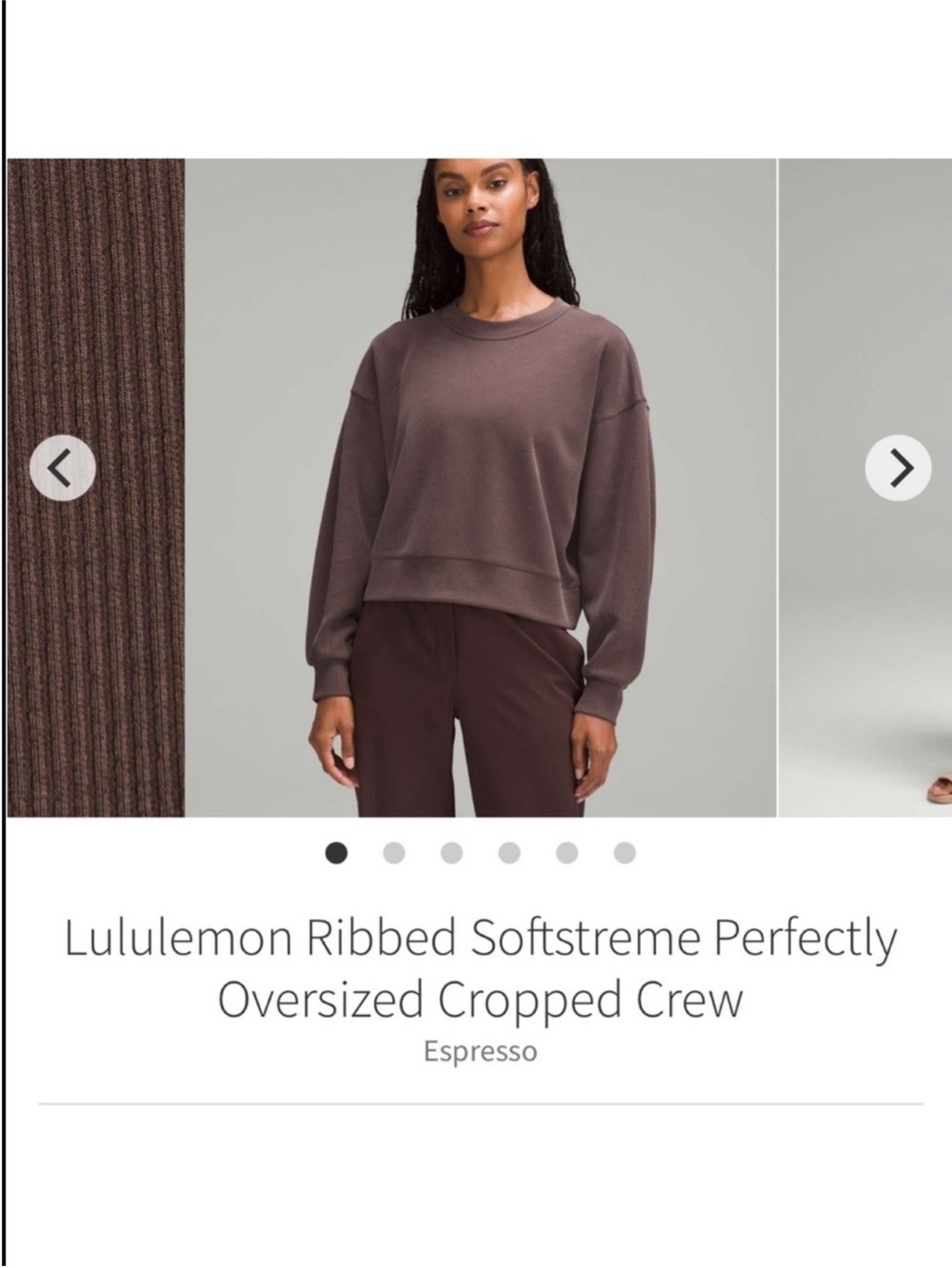 Lululemon Ribbed Softstreme Perfectly Oversized Cropped Crewneck Espresso Sz 6